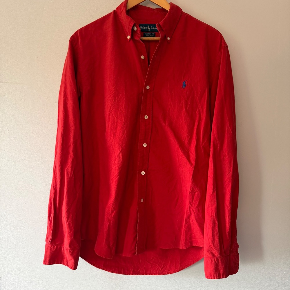 Ralph Lauren Mens Custom Fit Button Down Shirt Red Cotton Long Sleeve Large 80s